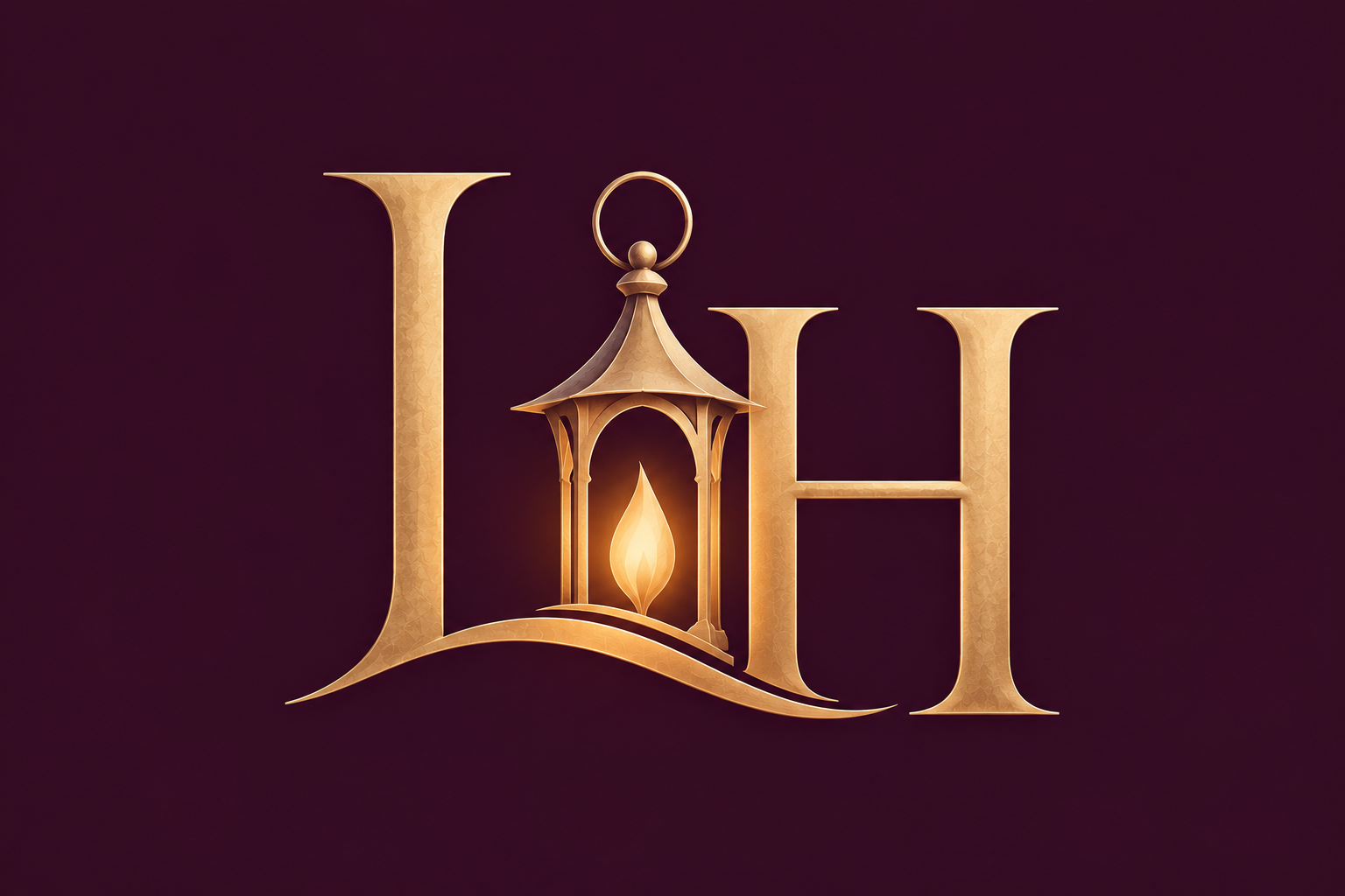Gold LH monogram with a glowing lantern on deep plum