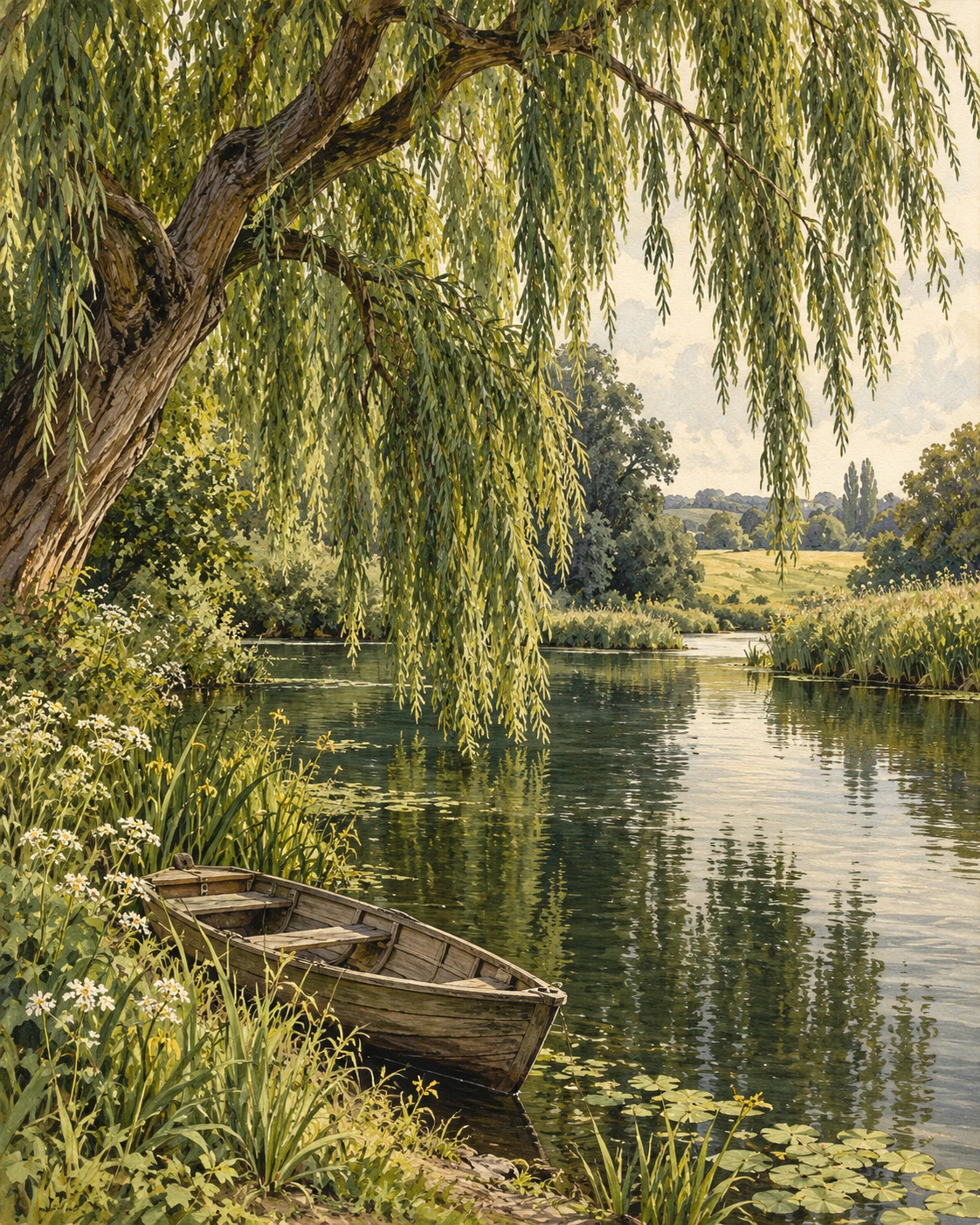 Painted willow branches arching over a quiet river, with a wooden boat resting by the bank